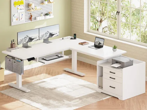 Miniatura 13 de SEDETA Escritorio eléctrico de pie en forma de L con archivador, 63 x 53 pulgadas, escritorio de computadora de oficina en casa ajustable con Negro