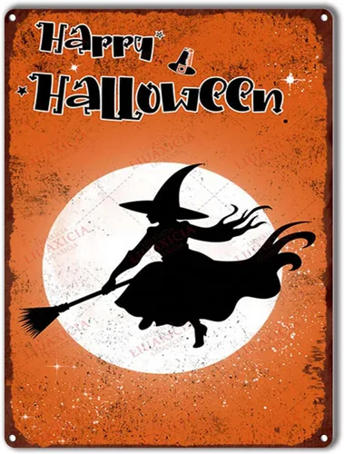 Miniatura 21 de Letrero de hojalata retro con diseño de bruja de Halloween para pared de garaje, pared de taller, 8.00 x 12.00 pulgadas