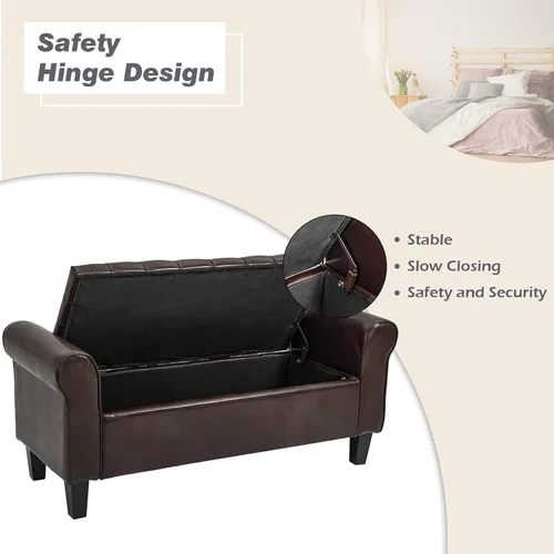 Miniatura 5 de ECOTOUGE Banco de almacenamiento armado, reposapiés tapizado de cuero con tapa con bisagras para el extremo de la cama del dormitorio, modelo Marrón