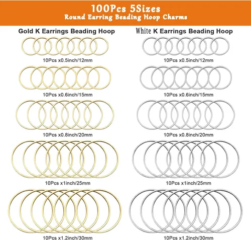 Miniatura 2 de 100 aretes redondos con cuentas, 5 tamaños para encontrar biseles abiertos, anillos de enlace, aretes de aro para manualidades, fabricación
