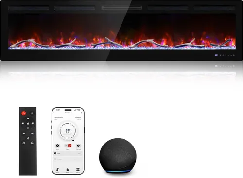 Miniatura 11 de Cheerway Chimenea eléctrica inteligente WiFi de 42 pulgadas, calentador eléctrico empotrado y montado en la pared con sonido crepitante y llama