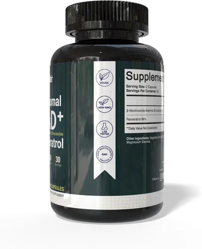 Miniatura 3 de NutriFlair Suplemento liposomal NAD+ con resveratrol 1000 mg por porción, 60 cápsulas – Alta absorción, sin OMG, fabricado en Estados Unidos