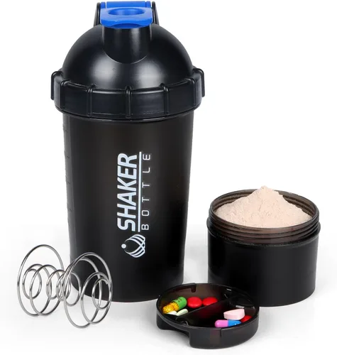 Shaker Bottle - Botellas mezcladoras de proteínas de 18 onzas con almacenamiento de polvo y estuche para píldoras, 16.9 fl oz, taza agitadora de Azul