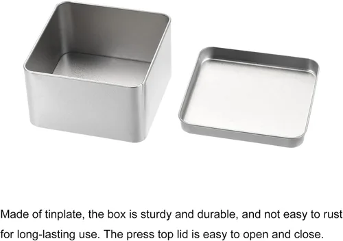 Miniatura 4 de uxcell Caja de Lata de Metal, 3.54" x 3.54" x 2.17" Recipientes Rectangulares Vacíos de Hojalata con Tapas, Tono Plateado, para Organizador