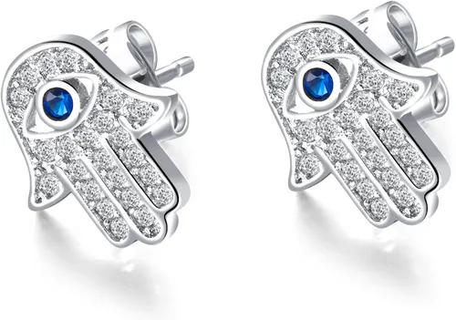 Aretes de tuerca chapados en oro amarillo y blanco con diseño de mano de Fátima y circonita cúbica blanca y azul de Hamsa para mujeres, adolescentes