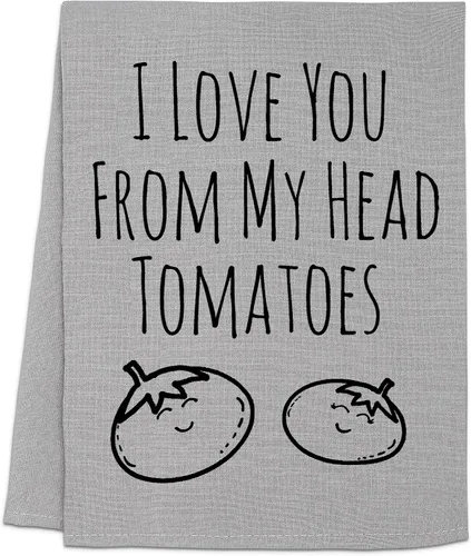 Toalla de cocina divertida, I Love You From My Head Tomates, saco de harina, dulce regalo de inauguración de la casa, decoración de cocina de Gris