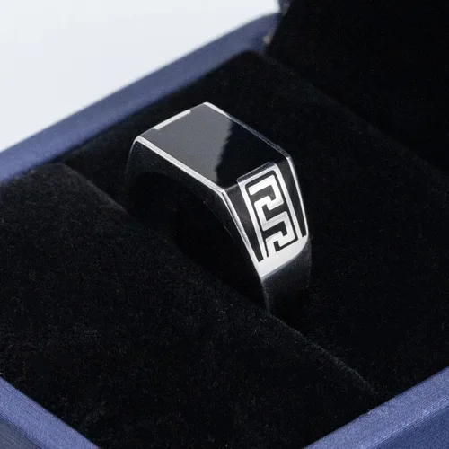 Miniatura 4 de AROTOROM 925 Sterling Silver Ring with Solid Rectangle Signet Black Enamel Ring, Turkish Classic Design Handmade Jewelry,Fashion Signet Ring