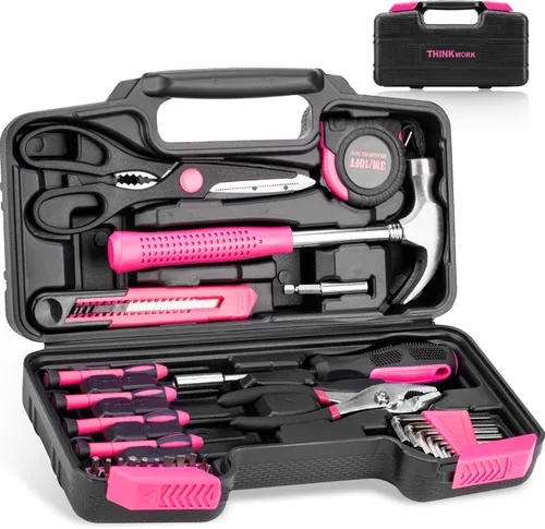 THINKWORK - Juego de herramientas rosa de 40 piezas, juego de herramientas manuales básicas para el hogar con caja de almacenamiento, juego de Rosa