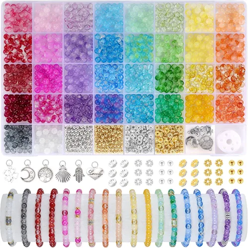 Miniatura 7 de 1368 piezas de cuentas de vidrio de 6 mm para pulseras, 34 colores de cuentas de cristal para hacer joyas, cuentas redondas de vidrio Funtopia