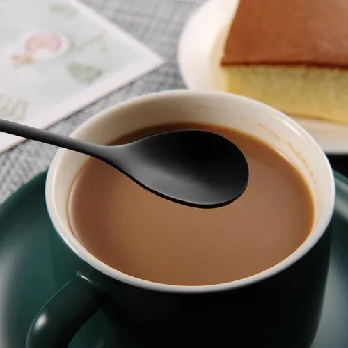 Miniatura 5 de AnSaw 6 cucharaditas elegantes de mango largo de hoja negra, cucharas de acero inoxidable de 7.4 pulgadas para café y té, perfectas para mezclar
