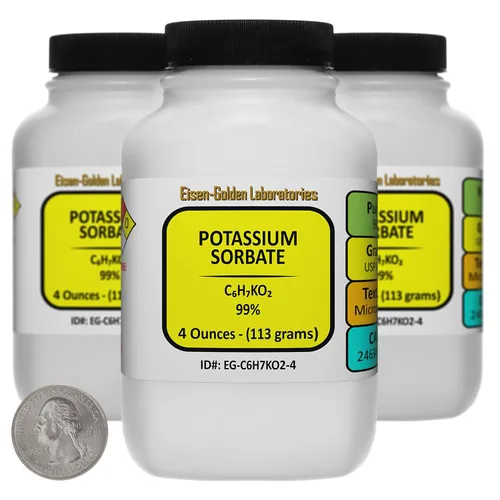 Sorbato de potasio [C6H7KO2] 99% USP Micropellets de grado alimenticio 12 onzas en tres botellas