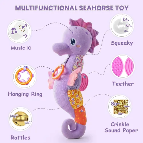 Miniatura 2 de Juguetes para bebés de 0 a 6 meses, animales de peluche musicales para bebés con colores brillantes, juguetes sensoriales de caballito de mar