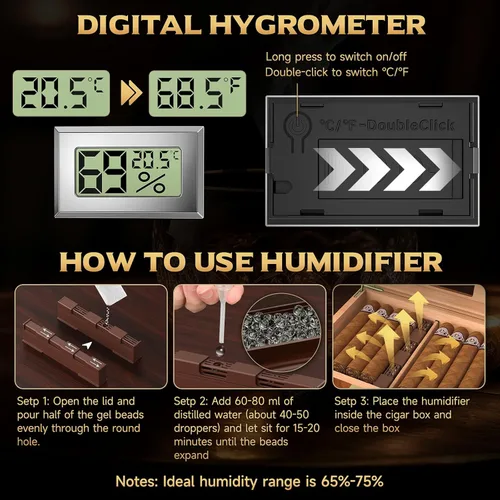 Miniatura 4 de Caja de humidor para puros XIFEI, estuche de escritorio de madera de cedro con higrómetro digital, humidificador, divisor, cajón de accesorios