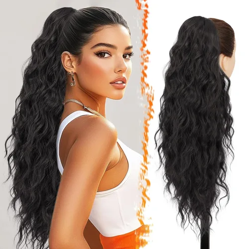 Miniatura 17 de BARSDAR Extensión de cola de caballo rojo burdeos, extensiones de cabello ondulado con cordón de 16 pulgadas para mujer, extensiones de cabello