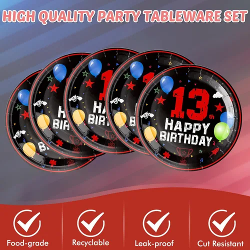 Miniatura 5 de Juego de 41 decoraciones para fiesta de cumpleaños número 13, color negro y rojo, incluye platos y servilletas, mantel para niños y niñas, dulce