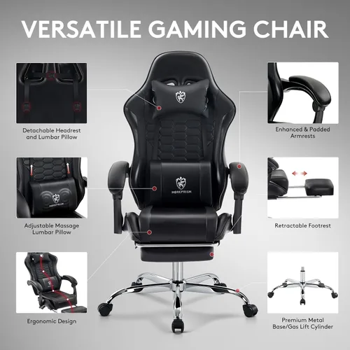 Miniatura 6 de Silla Gaming, Silla de Oficina para Computadora con Reposapiés, Soporte Lumbar de Masaje y Almohadilla de Gel, Silla Ergonómica Reclinable Ajustable