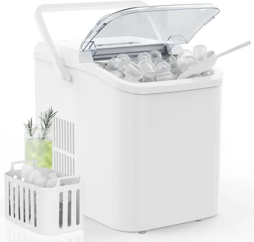Miniatura 8 de DUMOS Máquina de hielo para encimera con asa, máquina de hielo portátil de 26 libras/24 horas, 9 cubos de bala listos en 6 minutos, autolimpiante