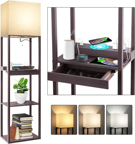 Miniatura 13 de Lámpara de pie RUNTOP Plus con estantes, lámpara de estante con bombilla LED de 15W, 3 colores, función de memoria, estante de exhibición ancho