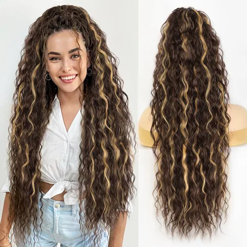 Miniatura 16 de Extensión de cola de caballo con cordón, extensión de cola de caballo larga y rizada para mujeres negras, extensiones de cabello negro de 26