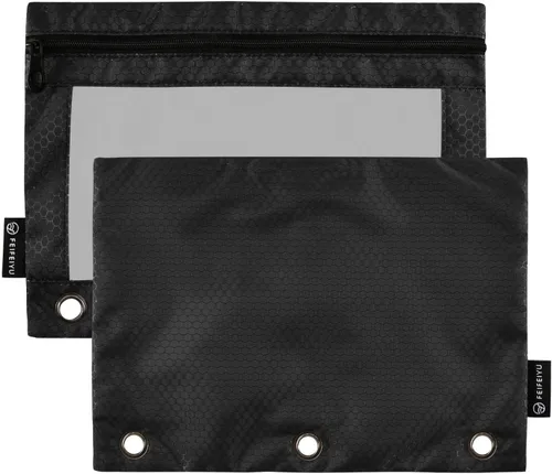 Gredecor Estuche para lápices con 3 anillos con cremallera negra, paquete de 2 unidades, organizador de carpetas transparentes para ventana escolar