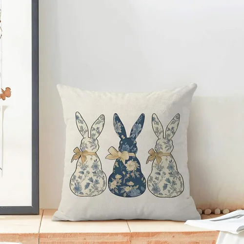 Miniatura 3 de CXMEIFLY - Fundas de almohada decorativas de Pascua 16 x 16 pulgadas, juego de 2 para decoración de estilo chinoiserie, flores azules, conejo