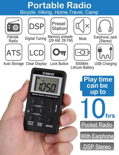 Miniatura 2 de ZHIWHIS AM FM - Mini transistor portátil con batería recargable, sintonización digital personal, radio estéreo de bolsillo con memoria de apagado