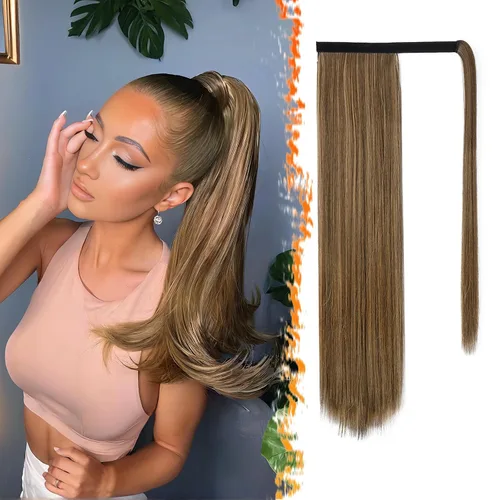 Miniatura 34 de BARSDAR Extensión de cola de caballo de 28 pulgadas largo recto envoltura alrededor del clip en pelo de fibra sintética para mujeres, negro