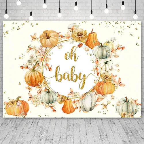 Sendy Telón de fondo de otoño de 7 x 5 pies para baby shower, niño o niña, calabazas, baby shower, fotografía de fondo de calabaza dorada Oh Baby