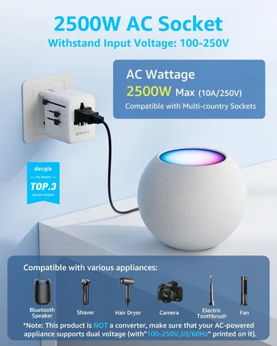 Miniatura 2 de Adaptador de viaje universal, adaptador de enchufe de viaje internacional con 2 puertos USB-C y 2 puertos USB-A, con salida de CA extra de 2 Blanco