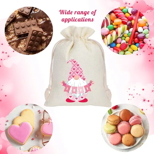 Miniatura 3 de Whaline 24 bolsas de regalo de arpillera para el día de San Valentín, diseño de gnomo rosa, bolsas de dulces con cordón de cordón, bolsas de lino