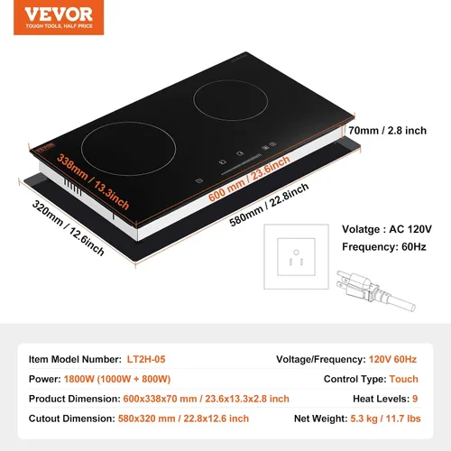 Miniatura 7 de VEVOR Estufa eléctrica radiante, 24 pulgadas, 2 quemadores, estufa eléctrica integrada, placa de cerámica de 1800 W con panel de vidrio, control