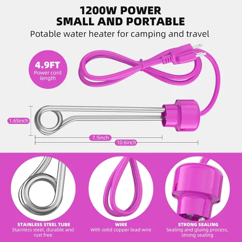 Miniatura 2 de Calentador de agua de inmersión de 1200 W, calentador de agua de cubo de acero inoxidable 304, calentamiento rápido para bañera, agua de piscina