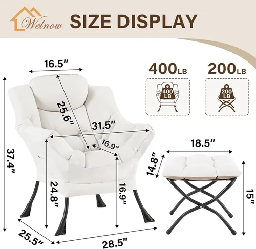 Miniatura 3 de Welnow Silla Lazy con otomana, moderna silla de lectura con reposabrazos y un bolsillo lateral, juego de sofá perezoso tapizado de ocio con Beige