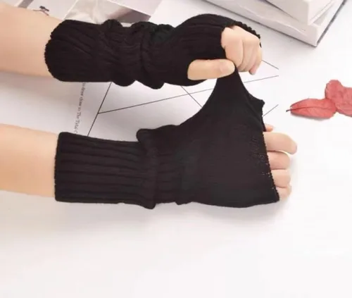 Miniatura 2 de Linda manga de brazo Kawaii para mujer, Acubi Preppy - Calentadores de muñeca de punto Fairycore estéticos guantes de invierno sin dedos Negro