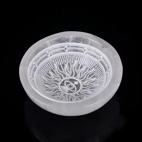 Miniatura 9 de AMOYSTONE Cuenco redondo de carga de selenita para piedras de cristal, 4 pulgadas, patrón de grabado de flor de la vida, 1, decoración del hogar