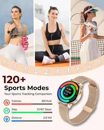 Miniatura 6 de Relojes inteligentes para mujeres, pantalla AMOLED de 1.27" con monitor de fitness, frecuencia cardíaca, SpO2, monitor de sueño, 3 bandas, más