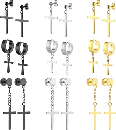 NEWITIN 9 Pairs Stainless Steel Stud Earrings for Men Punk Earrings Unisex Cross Earrings Hypoallergenic Mens Earrings Hinged Cross Dangle Earrings
