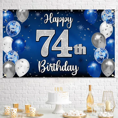 Miniatura 25 de Decoración de feliz cumpleaños 35, globo azul y plateado de 35 años, cartel grande de telón de fondo de cumpleaños, suministros para fiesta de 35th