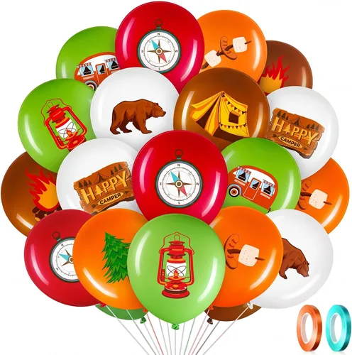 45 globos de campista, coloridos globos de fiesta de campamento, suministros de fiesta temática de aventura con cinta verde y marrón, kits de globos