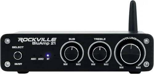 Rockville BLUAMP 21 Negro 2.1 Canales Bluetooth 5.1 Clase D Amplificador Receptor de Audio para el Hogar, 2x40W+70W RMS, Fuente de Alimentación 24V