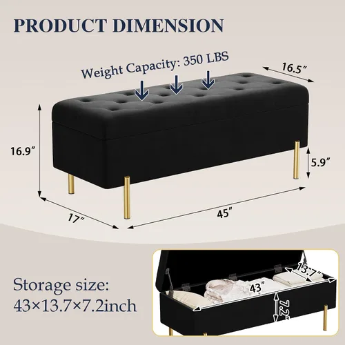 Miniatura 3 de Banco otomano con almacenamiento, banco de almacenamiento tapizado de terciopelo para dormitorio, sala de estar, otomano largo, color negro