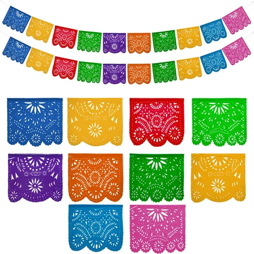 Pancartas de fiesta mexicana (paquete de 2 con 10 banderas de plástico por bandera), papel picado mexicano para fiesta, papel picado de plástico,