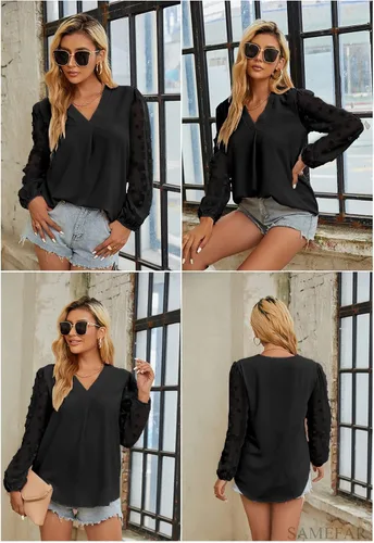 Miniatura 6 de Samefar Blusa de manga larga con cuello en V para mujer, blusa holgada de gasa con lunares suizos