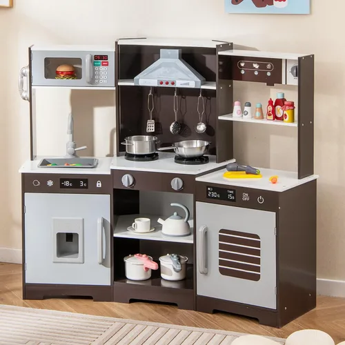 Costzon Juego de cocina esquinera para niños, juego de cocina de juguete de madera con campana extractora de luces y sonidos, máquina de hielo,