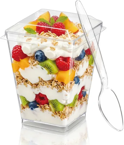 Miniatura 8 de Hiasobre Paquete de 100 vasos de plástico de 5 onzas para postre con tapas y cucharas, tazas reutilizables de parfait transparente, vasos cuadrados