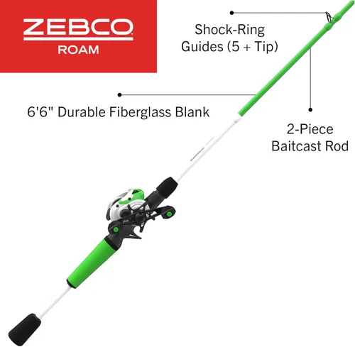 Miniatura 2 de Zebco Roam Carrete Baitcast y Combo de Caña de Pescar, Caña de Pescar de Fibra de Vidrio de 6 Pies 6 Pulgadas de 2 Piezas con Mango de Caña Verde