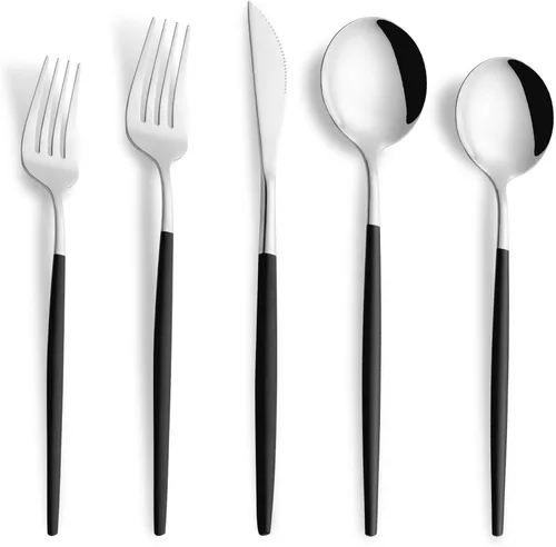 Juego de cubiertos de acero inoxidable de 20 piezas, color negro y plateado, para 4 personas, incluye tenedores, cucharas, cuchillos, utensilios