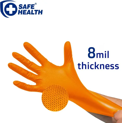 Miniatura 2 de Safe Health Guantes desechables industriales de nitrilo, color negro, 6 mil, naranja de 8 mil, textura de diamante Naranja 1 Caja de 900 Pcs-xxl