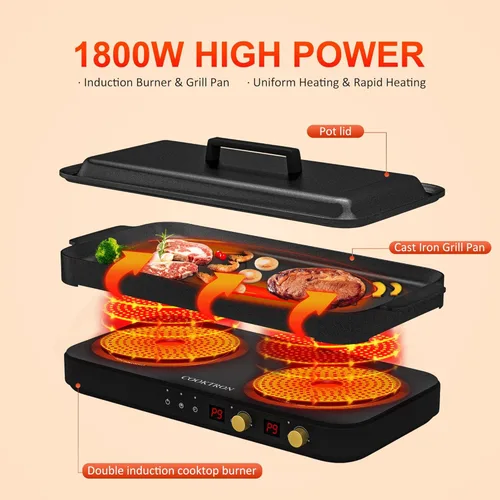Miniatura 3 de COOKTRON Placa de inducción portátil de 2 quemadores con parrilla de hierro fundido removible antiadherente, placa de inducción doble de 1800W