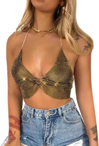 Miniatura 3 de Camiseta corta sin espalda con diamantes de imitación brillantes para mujer, sexy, halter, transparente, para salir por la noche, fiesta, club